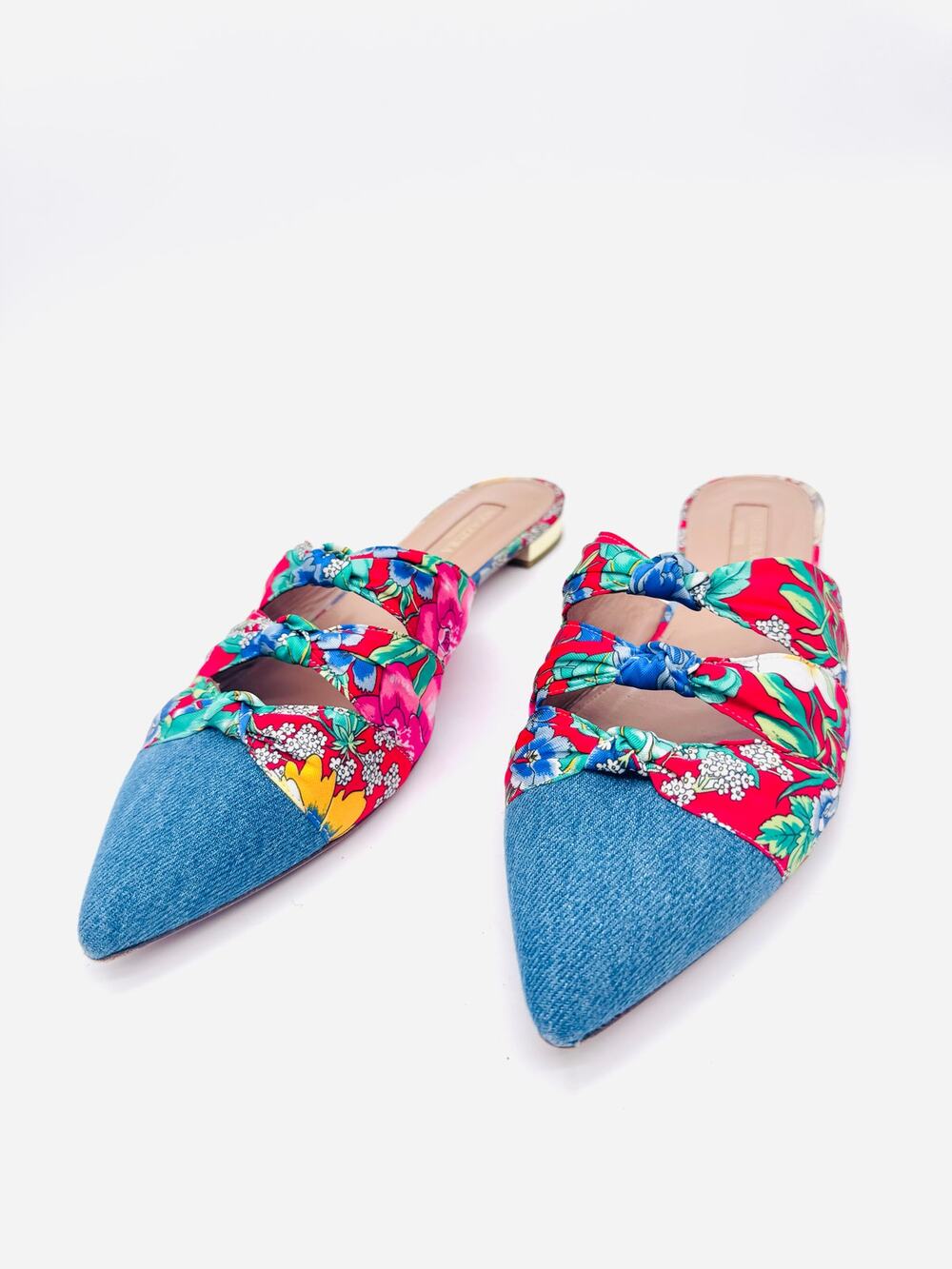 Aquazzura Mondaine Denim Floral Mule Heels Garden Print Cottagecore EU 38.5